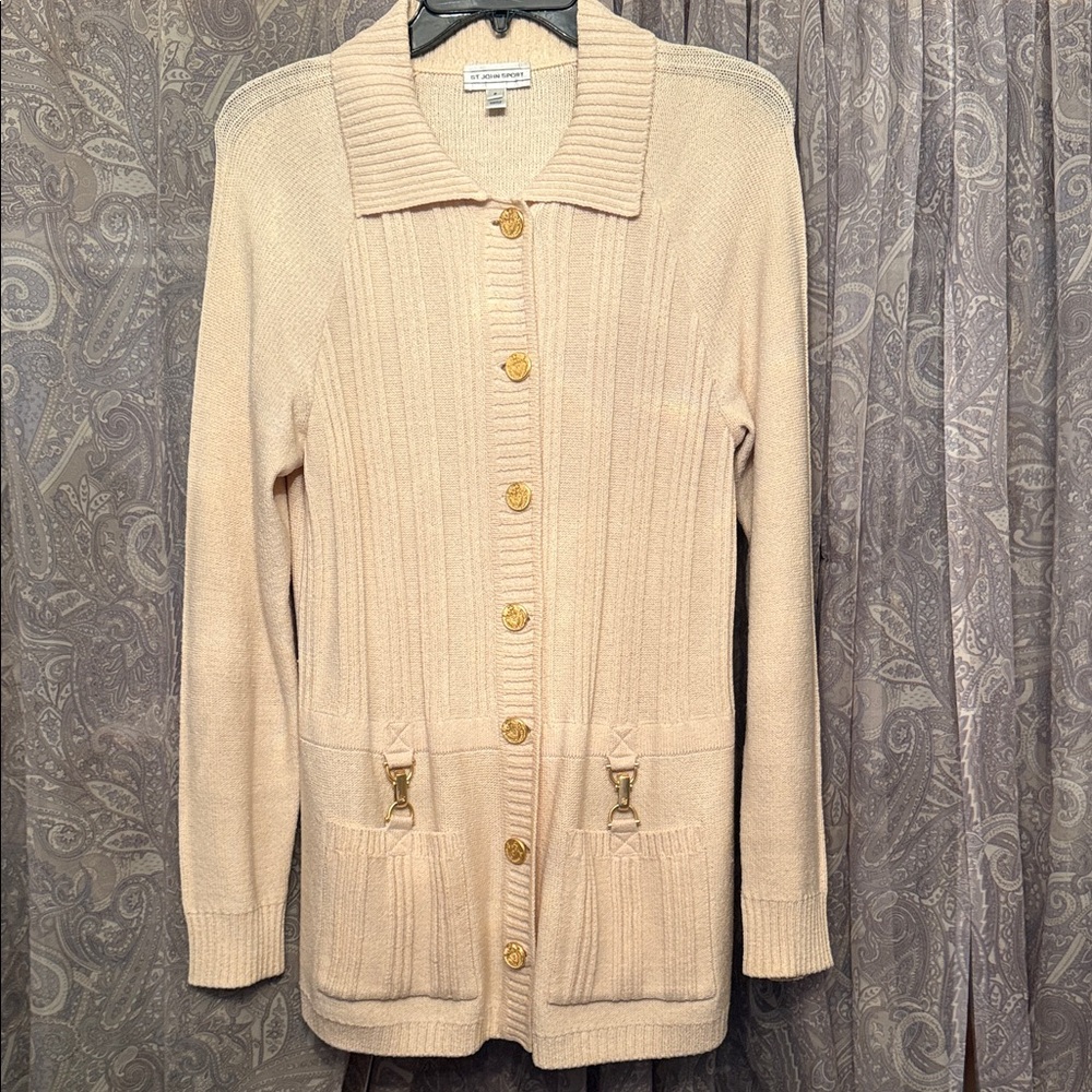 Elegant Beige Cardigan Sweater with Gold Accents